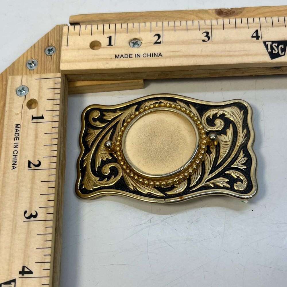 Vintage Western Style Gold Tone Belt Buckle Black Enamel Scroll 4 Inches